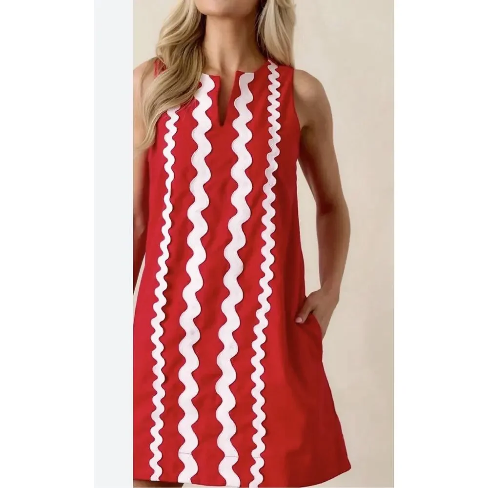 Prosperina Gigi Red Ric Rac Cotton Shift Mini Dress size Small - Picture 14 of 14